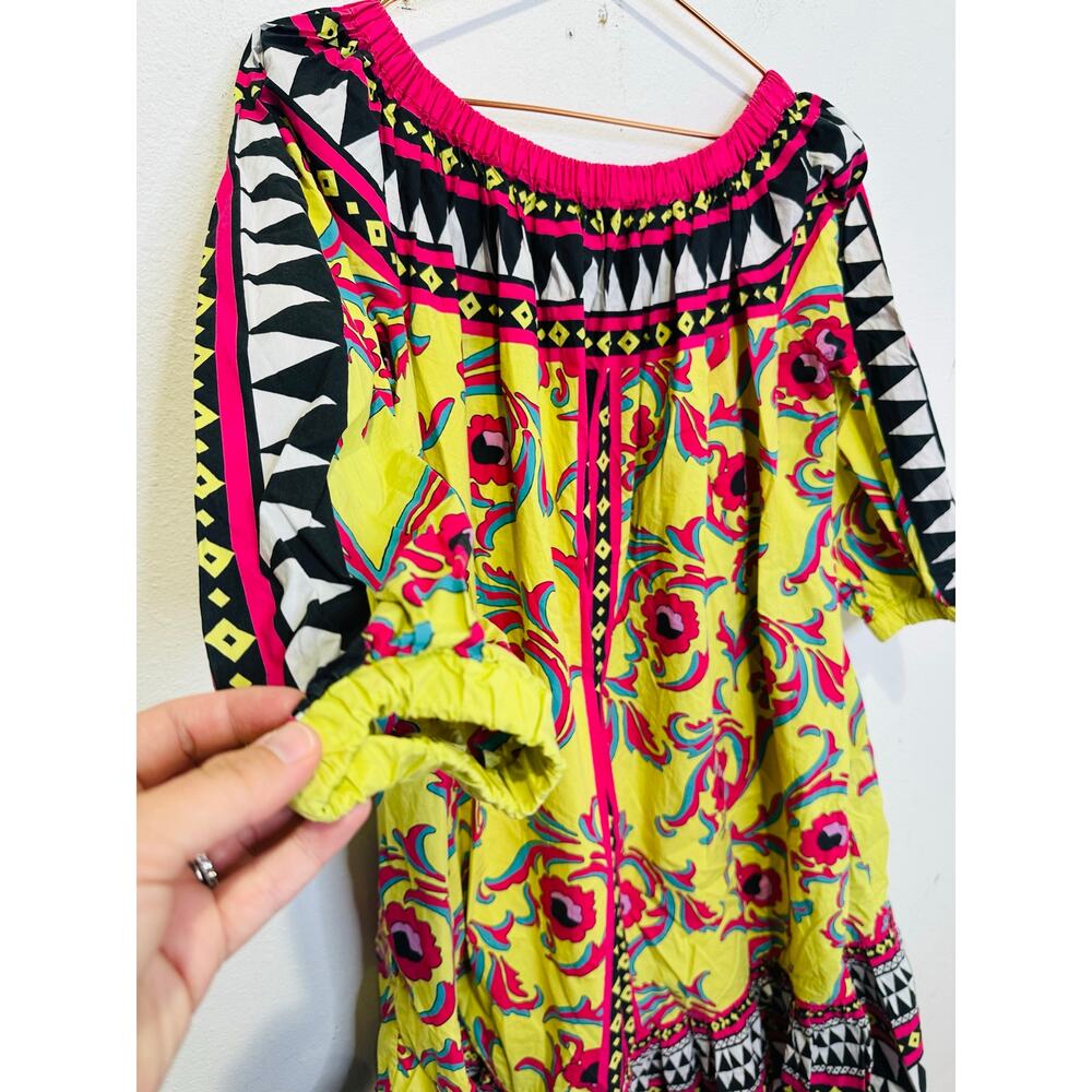 LA DOUBLEJ Yellow Paisley Mod Geo Print Three Quarter Sleeve Off Shoulder Dress - Picture 6 of 16